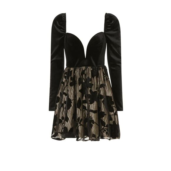 Ashley Park x RTR Encore Velvet Puff Sleeve Sweetheart Black & Gold Mini Dress 8 - Picture 6 of 16